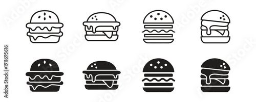 Set of outline and filled burger icons in linear style on white background