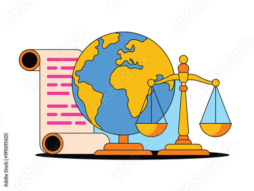 A colorful illustration of a globe, scales of justice, and a scroll representing law and justice worldwide.