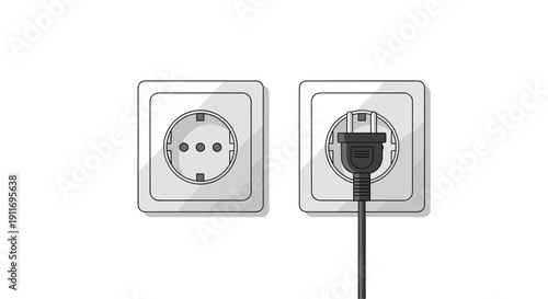 Two white electrical wall power sockets with one having a black plug inserted to represent energy consumption and household electricity usage.