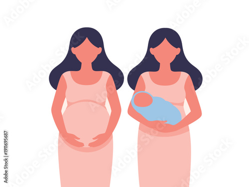Two pregnant women and a newborn baby illustration for maternity and parenthood concepts