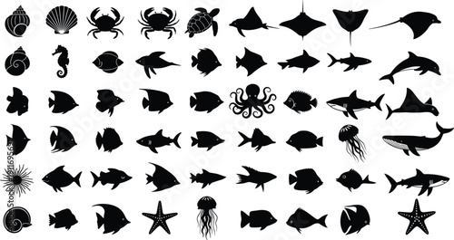 Black sea life silhouette set, ocean animal icons with fish shark octopus turtle and shells, marine creature vector for aquatic design,