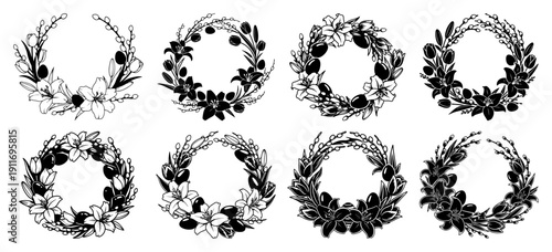 Set of eight elegant floral Easter wreaths featuring lilies with pussy willow branches and eggs in detailed line art