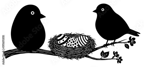 Hand drawn silhouette of birds sitting on a branch next to a nest with decorated eggs and spring blossoms