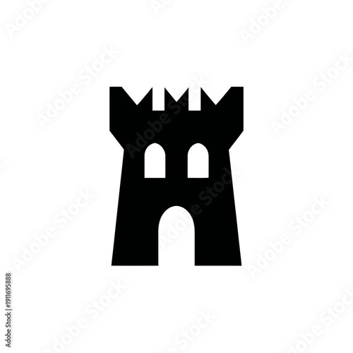 A stylized black castle icon featuring crenellations and arched doorway on a white background