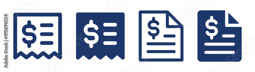 Set of receipt and document icons with dollar signs for bills and financial statements
