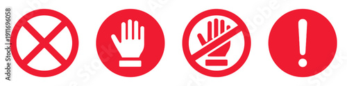 Set of red warning and prohibition symbols including prohibition sign stop sign and exclamation mark