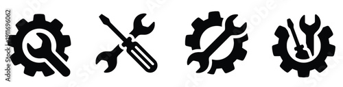 Set of repair and maintenance tools icons, gear and wrench symbols, technical service and engineering icons.