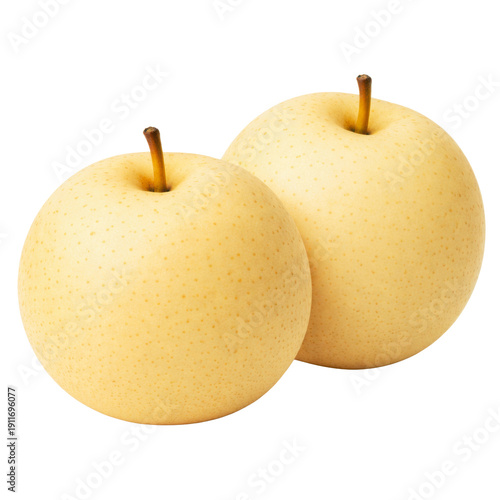 a pair of round, yellow asian pears with stems, isolated on a transparent background for versatile graphic design applications.