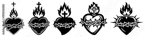 Collection of sacred heart symbols with thorns fire and crosses in black and white style