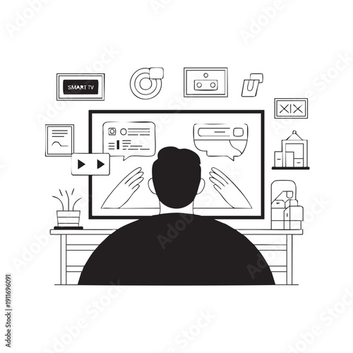 Man sitting at desk working on large computer with various icons and symbols surrounding the screen representing online activity and digital communication.