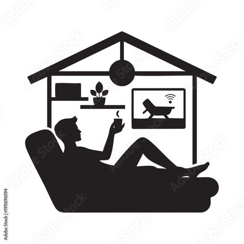 Man relaxing on a couch holding a cup in a house with smart home devices