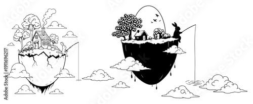 Surreal fantasy scene of a bunny fishing from a floating egg shaped island with a house and clouds