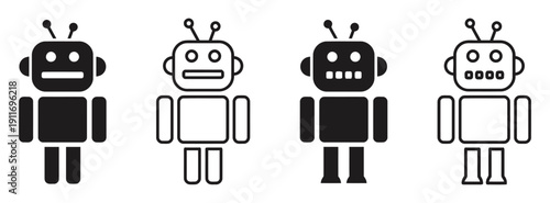 Set of simple robot icons in black and white with antenna