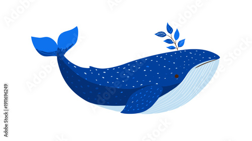 Illustration of a cartoon whale in shades of blue with a sprig of leaves on its head