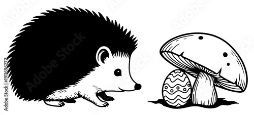 Cute hedgehog silhouette along with a mushroom and decorated easter egg for spring holiday themes