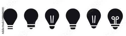 Set of six different black light bulb icons representing ideas and creativity in simple flat design style