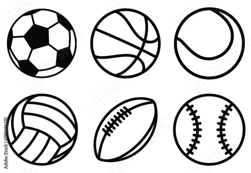 Set of six different sport balls isolated on white background. Includes soccer, basketball, tennis, volleyball, american football and baseball.