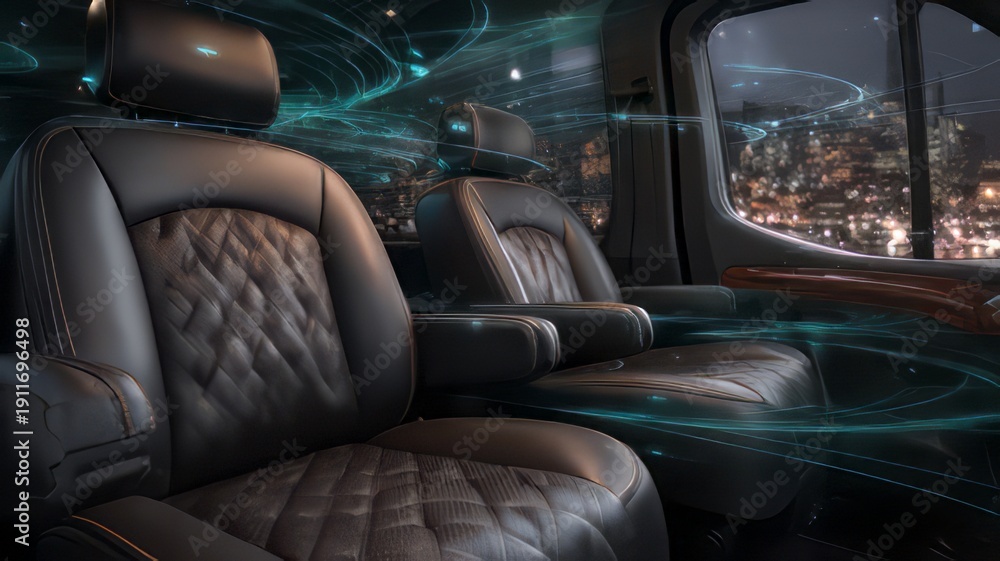 Fototapeta premium Luxurious captain's chair interior within a modern vehicle cabin showcasing sophisticated quilted leather upholstery and futuristic digital connectivity overlays at night