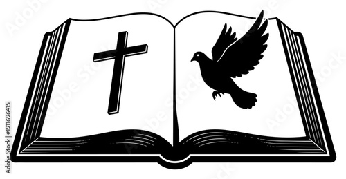 Open Holy Bible with Christian cross and dove bird symbol representing peace and faith