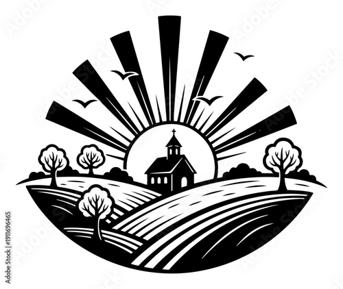Circular landscape emblem featuring a church on a hill with sun rays and rolling farm fields