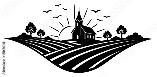 Peaceful rural landscape with a small church silhouette at sunrise under a bright sky with flying birds