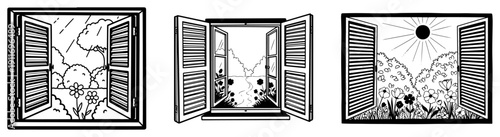 Set of open window frames showing beautiful garden views with flowers and sunny weather