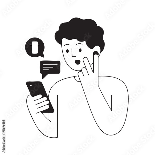 Man surprised while reading a message on his smartphone with speech bubbles nearby showing conversation