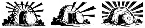 Three variations of an empty tomb silhouette with sunbeams representing the resurrection of Jesus Christ