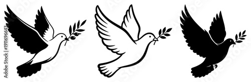 Set of three dove silhouettes carrying an olive branch as a symbol of peace