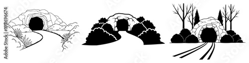 Фотография Set of three silhouettes showing a cave entrance with path for easter or nature