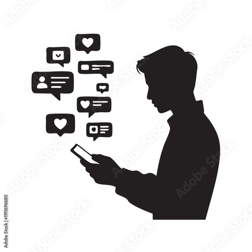 Man using mobile phone with social media notifications and messages appearing around him in a modern digital communication scene.