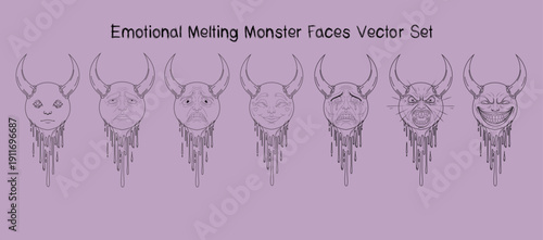 Emotional Melting Monster Faces Vector Set - Horned Creatures Expressing Diverse Feelings Line Art Collection
