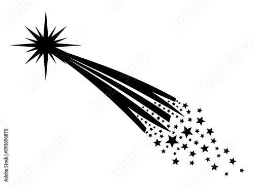 Silhouette of a large shooting star with a trail of many smaller stars for christmas designs