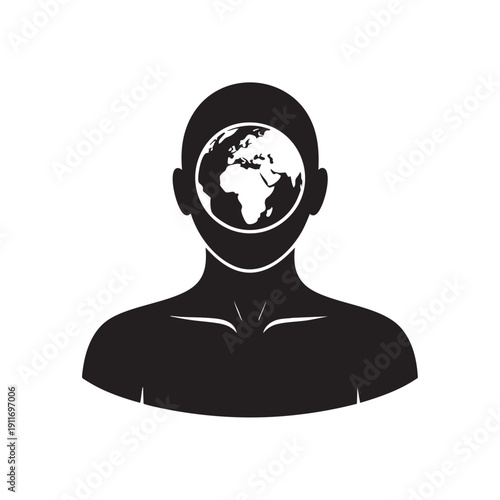 Human head silhouette with earth globe representing global unity and international cooperation between people