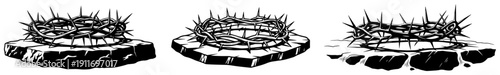 Three variations of the crown of thorns resting on a stone base representing the passion of Christ
