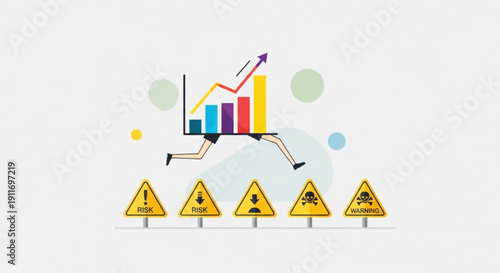 Business growth chart with running legs and warning signs indicating caution ahead for market trends and financial risks
