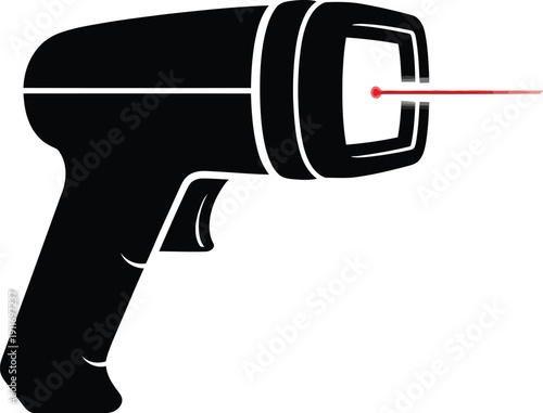 Black barcode scanner illustration with red laser beam on product