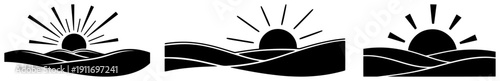 Set of three minimalist sunrise icons with sun rays over rolling landscape hills