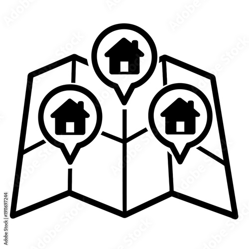 Real Estate Location Map Icon: Pinpointing Homes, Apartments, & Properties. Visualizes local listings, rental opportunities, & purchase options on a folded map. Essential for property search platforms