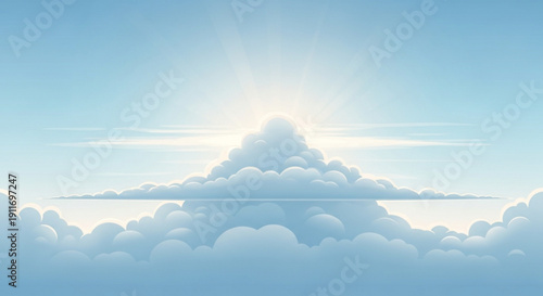 Serene sky with fluffy white clouds and sun rays shining through creating a peaceful atmosphere in a beautiful blue heaven with soft puffy