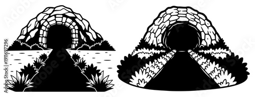 Stone tunnel entrance with a dark path leading through a natural landscape