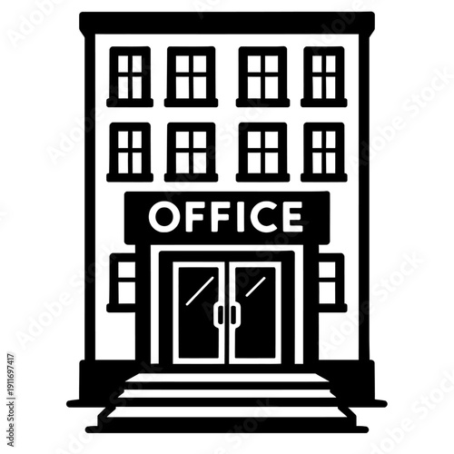 Black and white vector icon of a multi-story office building with 'OFFICE' sign, double doors, and steps. Great for corporate, business, finance, and admin themes, symbolizing professional urban workp