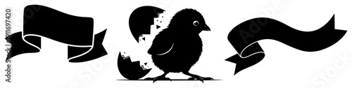 Minimalist silhouette of a newborn chick hatching from an egg with decorative blank ribbons