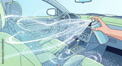 Hand spraying air freshener inside a car interior with swirling mist and seats
