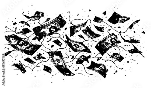 Scattered dollar bills flying in the air with distressed grunge texture effect