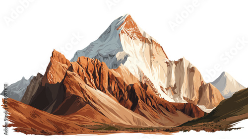 A stylized illustration featuring a towering mountain range with rocky slopes and a snowy peak