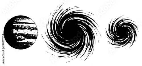 Collection of space elements featuring planet jupiter and swirling cosmic vortexes in black and white