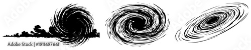 Minimalist black silhouette of vortex swirls and hurricane storm clouds