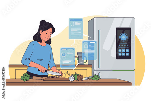 Woman cooking with smart fridge and recipe ideas on screen