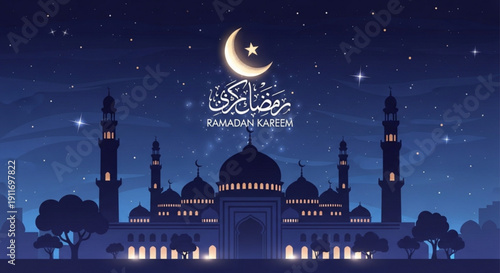 Ramadan kareem mosque at night with crescent moon and star islamic architecture silhouette